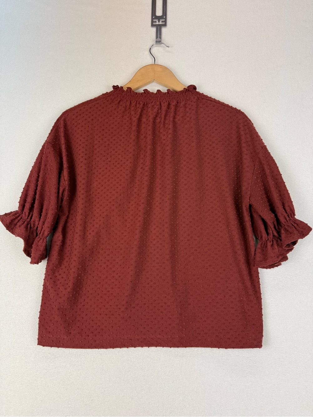 Madewell Texture and Thread Textured Ruffle Neck Top 1/2 Sleeve Rust - Picture 2 of 9